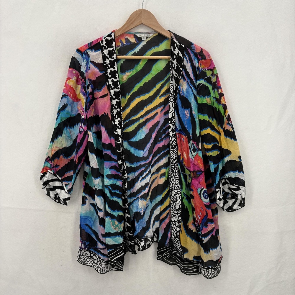 John Mark Kimono Cardigan Womens Petite Large Multicolor Animal Print Sheer Art